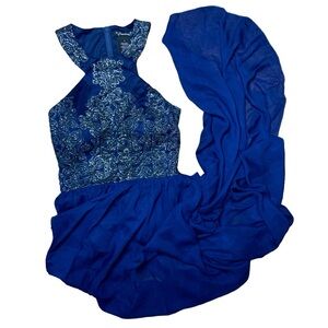 Xtraordinary Royal Blue Sparkly Beaded Filigree Halter Sheer High Low Prom Dress